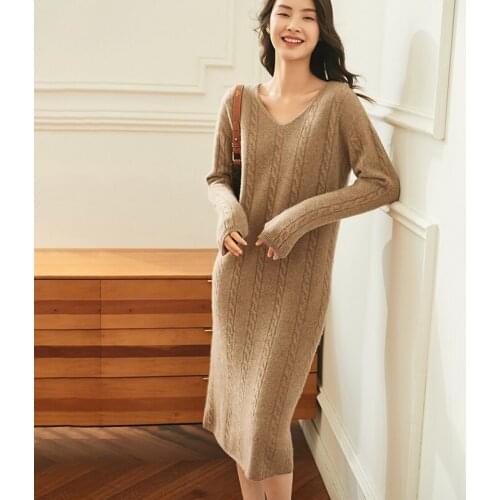 2021 Womens Winter 100% Cashmere Sweaters And Autumn Knitted Dresses Pullovers High Quality Soft Warm Knee-Length Jumper