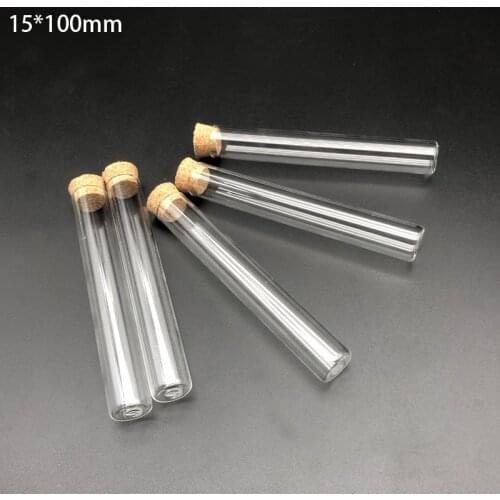 50pcs/Pack 15x100mm Lab Clear Flat Bottom Glass Test Tubes With Cork Wooden Stoppers Laboratory Supplies