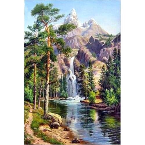 5D DIY Diamond Painting Landscape Resin Diamond Painting Cross Stitch Waterfall Forest Needlework Home Decorative SSYP-026