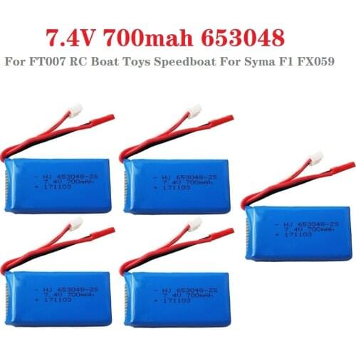 5Pcs 7.4V 700mah 653048 Rechargeable battery For FT007 RC Boat Toys Speedboat For Syma F1 FX059 RC aircraft 2s 7.4v LIPO Battery