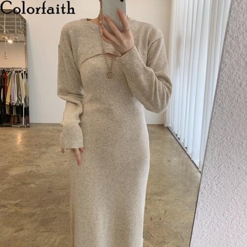Colorfaith 2021 New Autunm Winter Women 2 Piece Sets Short Poncho And Sundresses Knitted Split Sexy Elegant Lady Suits WS1072