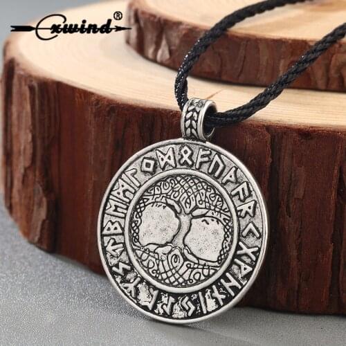 Cxwind Nordic Vikings Runes Amulet with Tree Pendant & Necklace Retro Round Tree of Life Charms Runes Necklaces Talisman Jewelry