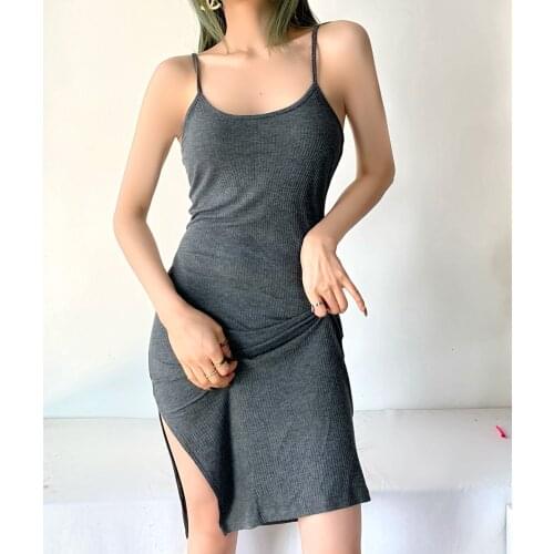 European and American style U-neck low-cut side slit double-layer sling dress modal drape dress dress