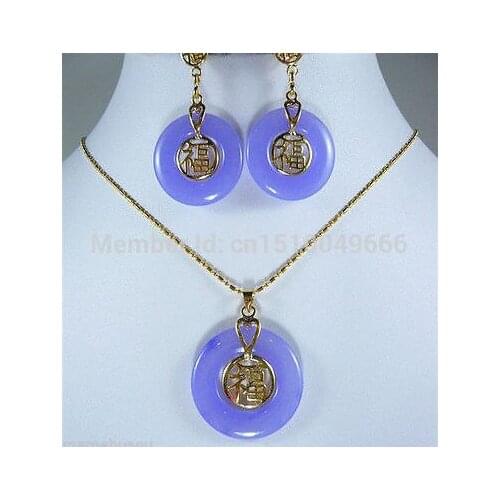 Hot sale Charming purple green STONE bless happiness long life earring & pendant set