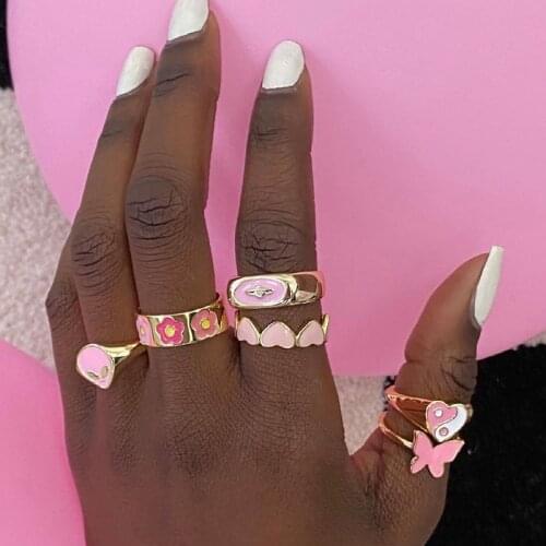 New INS Pink Heart Yin Yang Ring for Women Y2K Jewelry Punk Vintage Metal Fashion Cute Heart Rings 90s Aesthetic Friends Gifts