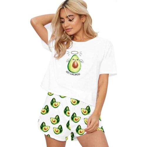 Summer Avocado Pajama Sets for Women Fashion Kawaii Cute Cartoon Satin Soft Sleepwear Atoff Home Silk Lounge Wear Nightwear