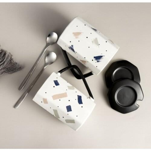 Creative Polygon Coffee Mug With Lid And Spoon Nordic Style Ceramic Milk Water Cup Home Office Christmas Gifts