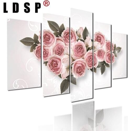 LDSP 5Panels Canvas Painting Blooming Pink Flowers Wall Posters Can Be Customized Printable Unframe Style Home Decorative