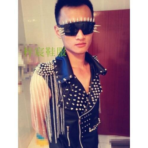 Fashion Slim Non-mainstream Motorcycle Jacket Costume Rivet Male Leather Vest Rivet Bar Performance Mens Stage Singer Costumes