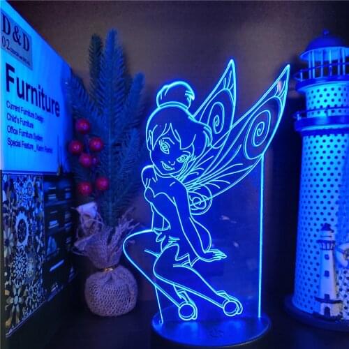 Cartoon Disney Fairy Tinkerbell 3D Night Lights Princess Led Lighting Anime Girl Visual Night Lamp Xmas Gift Tinkerbell Lampara