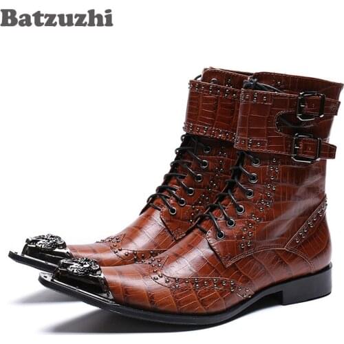 Batzuzhi Western Cowboy Men Boots Ankle Black/Brown Genuine Leather Boots Men Pointed Iron Toe Military Motorcycle Botas Hombre