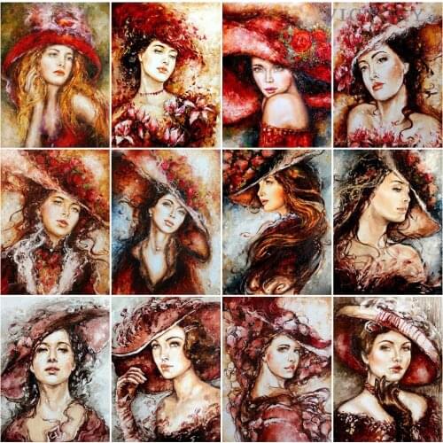 Diamond Painting Kit, 5D Diy Full Diamond Embroidery, Round/square Diamond Mosaic, Woman Hat Portrait Art Cross Stitch Sticker