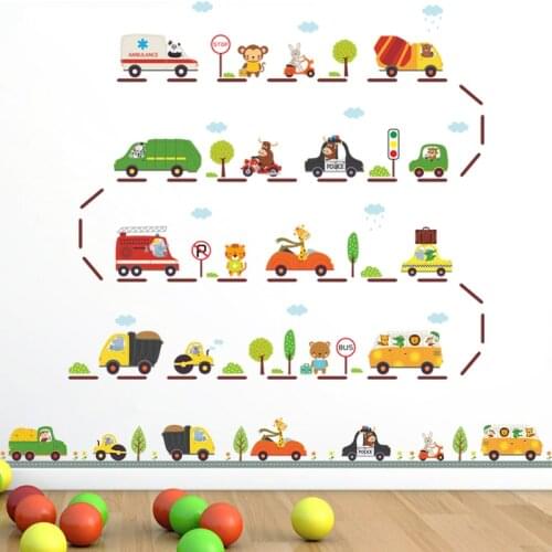 DIY Cartoon Animal drive Car highway wall stickers For Kids Baby Rooms kindergarten Nursery Decoration Gift Wall Decals Poster