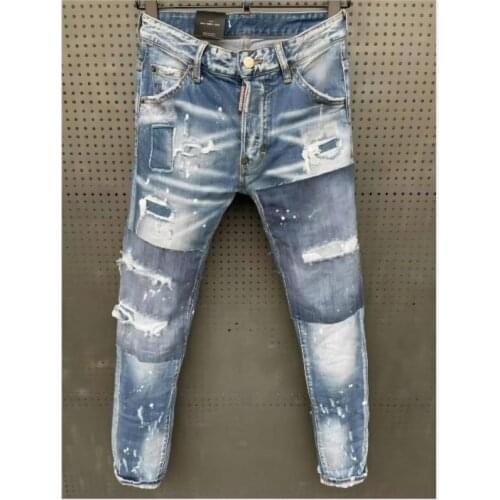 New DSQ2 Mens Skinny Jeans With Ripped Holes And elastic Paint Spray Blue Stitching Beggar Pants 067