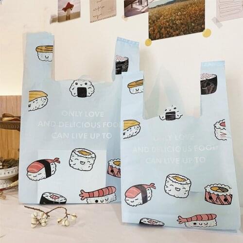 50Pcs Light Blue Sushi Plastic Bag Thickened Flexible Strong Bento Food Baking Packaging Vest Type Portable Gift Shopping Bags