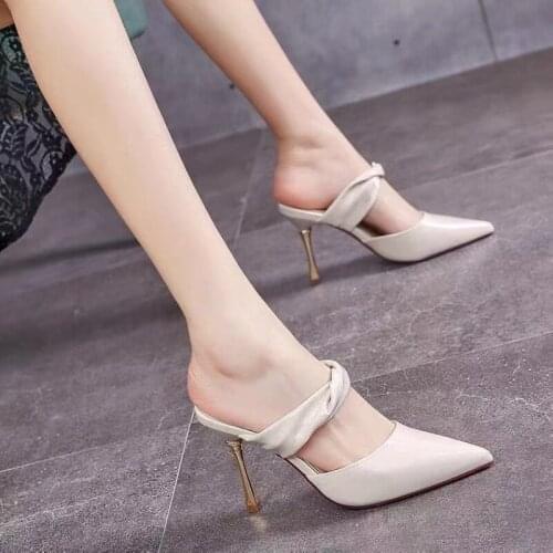 One Word with High Heels Baotou Sandals and Slippers Female Stiletto Half Drag shoes