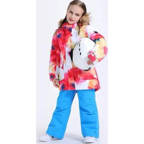 SMN Brand Kids Ski Suit Girls Snowboard Jacket Pant Fur Hooded Windproof Waterproof Child Skiing Clothing Trouser Winter Suit