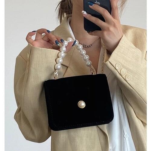 Retro Elegant Womens Luxury Handbag with Pearl Chain Black Suede Small Shoulder Messenger Bag Wedding Party Purse ZD1877