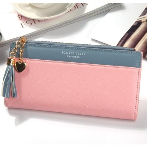 New Long tassel zipper purse pink female Purse double Color leather wallets for Euro Holder for cards money bag for girls purse