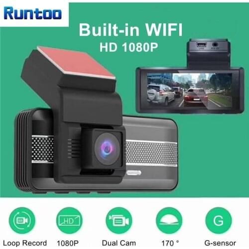 RUNTOO 3.16 Inch Car DVRs Video Recorder Dash Cam Full HD 1080P Wifi Dashcam Car DVR Camera Dual Lens Front and Rear Parking Mon