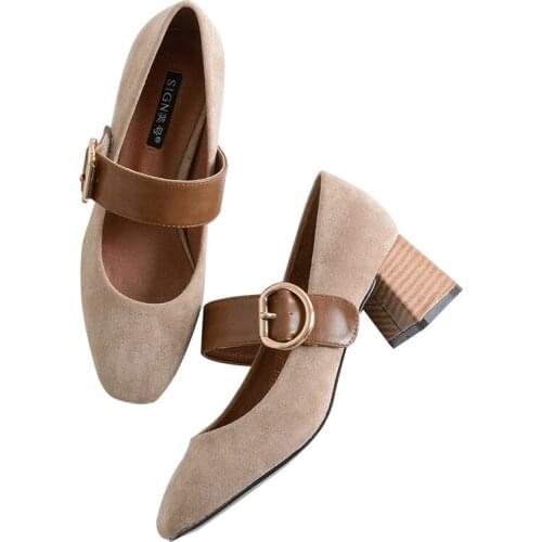 Women pumps Mary Jane Square head Shallow mouth High heels Suede Party deduction Thick with women shoes