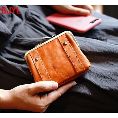 Customized Women coin purse first layer washed scratched wrinkled cowhide retro art clip small wallet headset coin storage bag