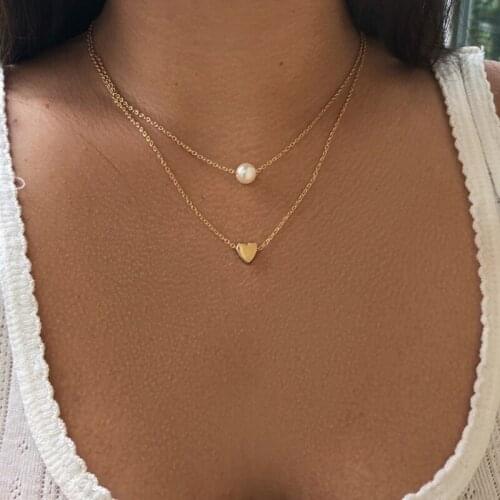 Bohemia New Simple Fashion Imitation pearl love Heart Double layer Clavicle chain necklace accessories female Jewelry Wholesale