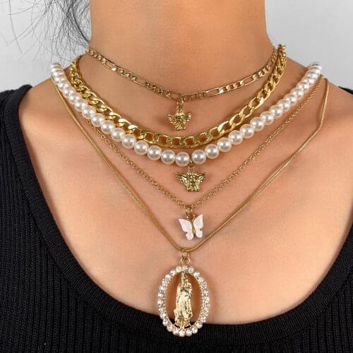 Flatfoosie Vintage Portrait Angel Imitation Pearl Choker Necklace For Women Multi-layer Butterfly Metal Chain Necklace Jewelry
