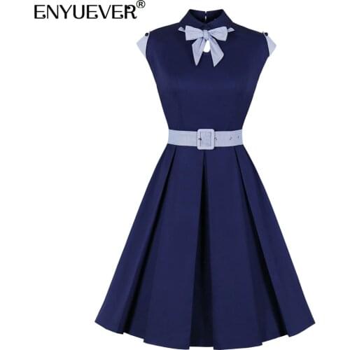 Enyuever Elegant Women Summer Vintage Dress Cotton Striped Bowknot Belt Cotton Robe Pin Up Swing Retro Navy Blue Casual Dress