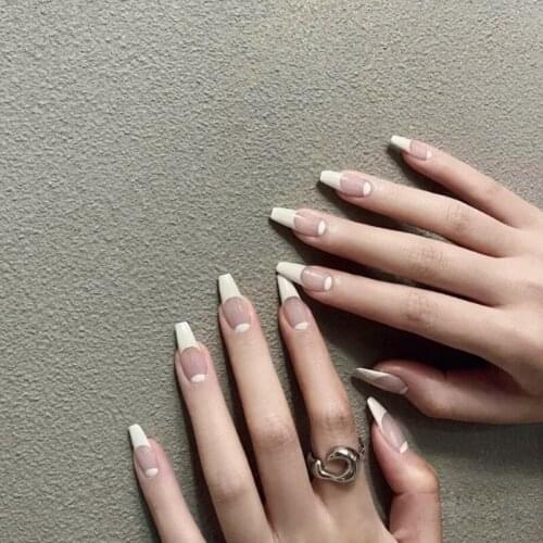 24pcs White Nail Patch Glue Type Removable Long Paragraph Fashion Manicure Save Time False Nail Patch DL