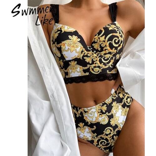 Printed bikini 2020 High waist swimwear Patchwork swimsuit female Push up two piece set Vintage bathing suit women bathers new