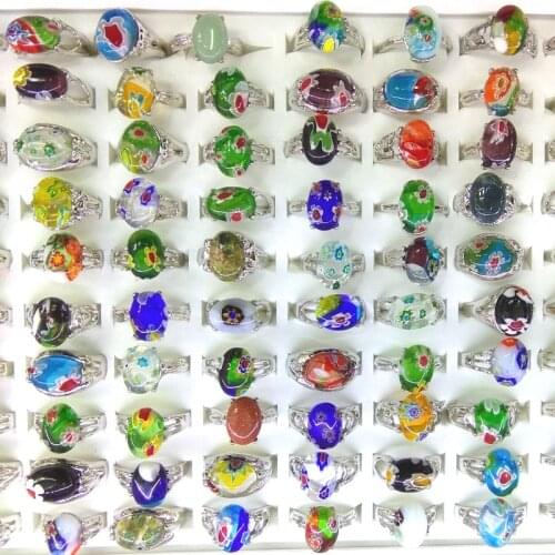 50pcs Mixed Lot Flower Design Murano Glass Rings For Women Wholesale