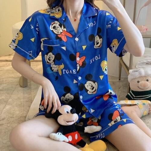 Disney Mickey Minnie ice silk pajamas womens silk sexy thin section cute short-sleeved lapel cardigan ladies home service suit