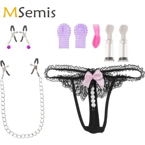 Women Adult Masturbatory Sex Toys Kit G-Spot Stimulator Lace Thong Nipple Clamps Breast Pump Finger Swipe Cover Sex Accessories