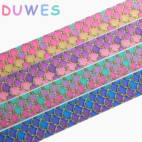 DUWES 50yards mermaid fish scale printed grosgrain Ribbon Accessory hairbow headwear decoration Wholesale OEM D941