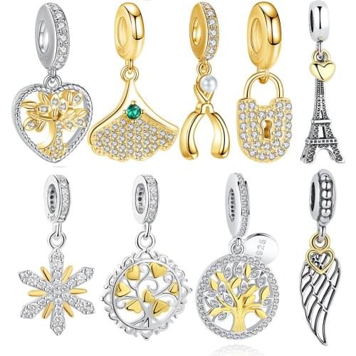 ELESHE European Gold Bead 925 Sterling Silver Eiffel Tower Moon Star Love Heart Dangle Charms Fit Original Bracelet DIY Jewelry
