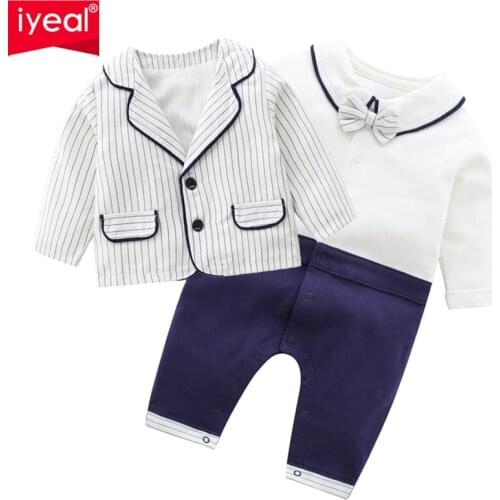 IYEAL Newborn Baby Rompers With Jacket Baby Boy Clothes Jumpsuit Overalls Infant Cotton Outfit with Bow Tie Costume 2Pieces/Set