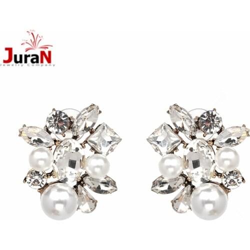 JURAN New fashion jewelry hot sale women crystal flower faux pearl vintage statement stud Earrings christmas wholesale