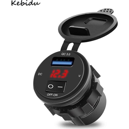 KEBIDU Quick Charge 3.0 USB Car Charger Socket Digital Display Voltmeter USB Charger Socket with ON-OFF Switch for Motorcycle