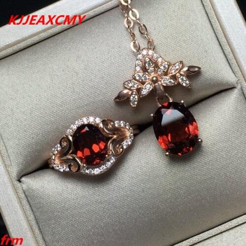 KJJEAXCMY Fine jewelry, 925 Sterling Silver Inlay Large Natural Garnet Lady Ring Pendant Set