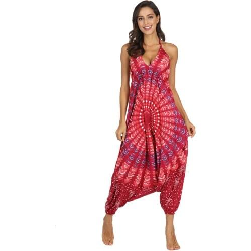 BUSHRA Printed Sleeveless Harem Jumpsuit Spaghetti Straps Summer Vintage Paisley Overall Jumpsuit V-neck Sports Yoga Pants Plus