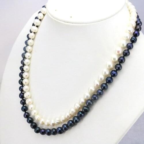 2 row Black&white pearl necklace 7-8mm 17-18 inches DIY Beaded Women hot sale suitable for gathering to wear necklace gift