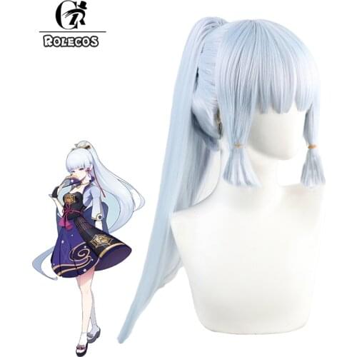 ROLECOS Genshin Impact Ayaka Kamisato Cosplay Wig 75cm Kamisato Ayaka Straight Ponytail Bangs Temples Synthetic Hair