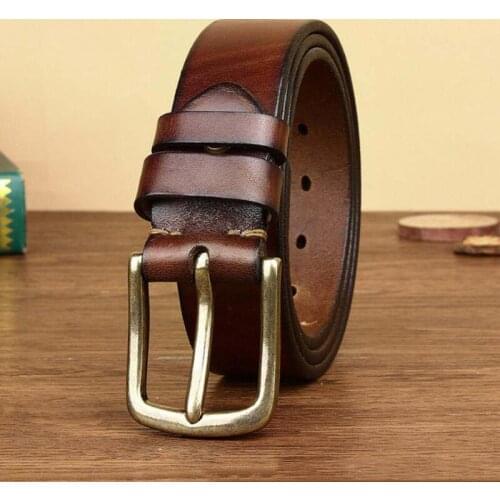 Personalized Fashion Mens Pure Leather Belt Copper Buckle Retro Simple Fashion Casual Jeans Belt