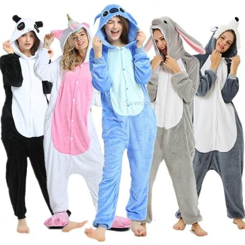 Adults Animal Unicorn Pajamas Cartoon Licorne Panda Kigurumi Women Costumes Winter Flannel Overalls Unicornio Sleepwear