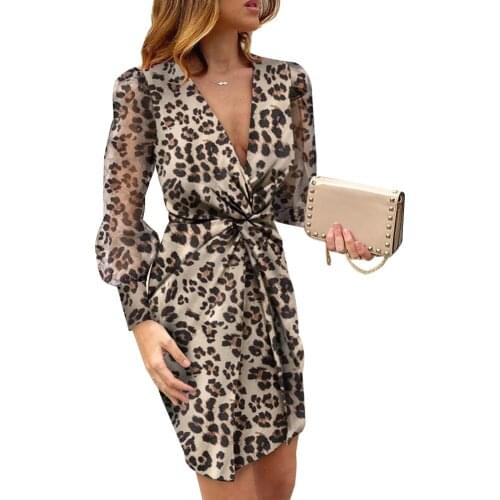 2020 hirigin New Women Floral Leopard Dress Elegant Office Lady Pencil Dress Fashion Puff Sleeve Deep V Mini Bodycon Dress