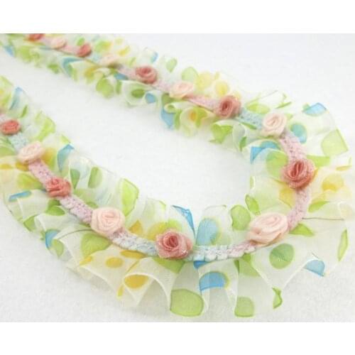 Pleated Trim|w Rococo Flower Trim|1 1/2 Inches Pleated Ombre Printed Chiffon Trim|Organza Chiffon Trim|Retro Handmade Supplies
