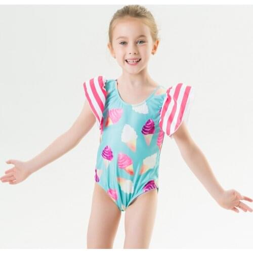 The latest arrival cute girl print one-piece swimsuit casual seaside ruffled flying sleeve round neck triangle bikini