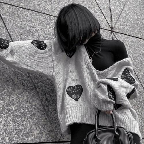 Ruibbit Harajuku Gothic Gray Love Embroidery Women Punk Style V-Neck Loose Vintage Knitted Pullovers