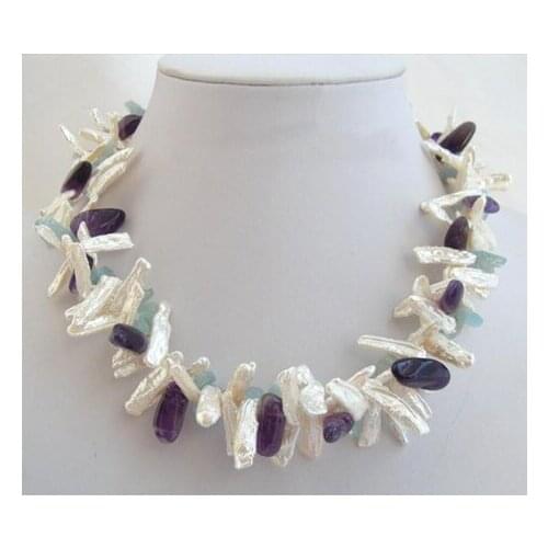 Luck Pearl Jewellery,Stinning 2 Strands 6-20mm White Biwa Pearls,Aqu-amarin Purple Crystal Necklace